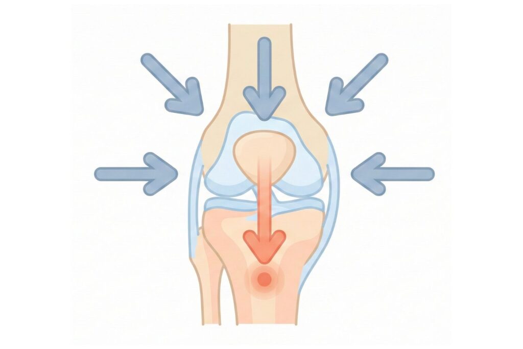 強大なエネルギーのしわ寄せは、最終的に「脛骨粗面（膝のお皿の下）」に一点集中してしまう